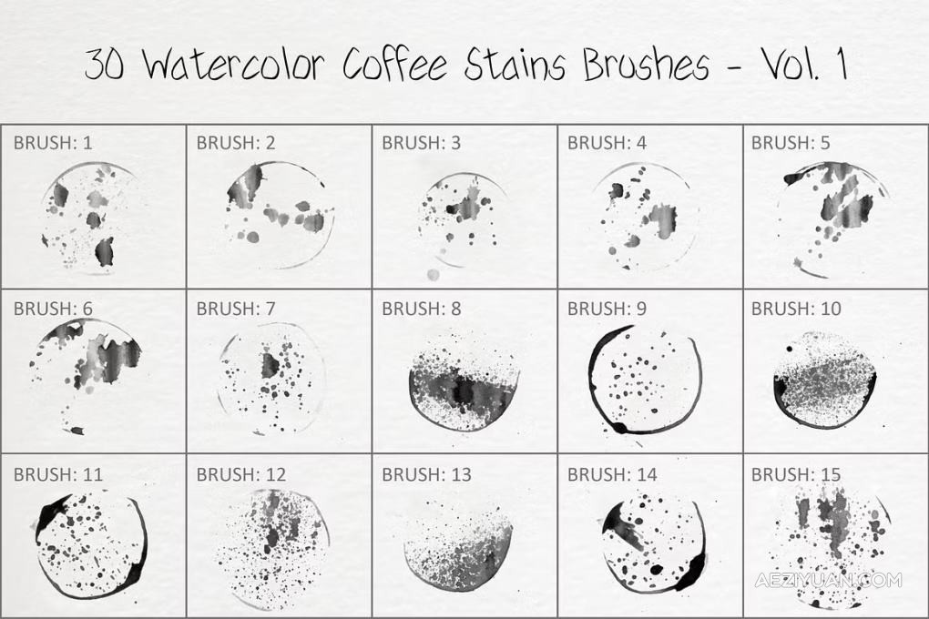 30支水彩艺术画水墨咖啡渍泼洒晕染绘画PS笔刷 30 Watercolor Coffee Stains Brushes 1PS笔刷,咖啡渍,水彩画 - AE资源网 www.aeziyuan.com