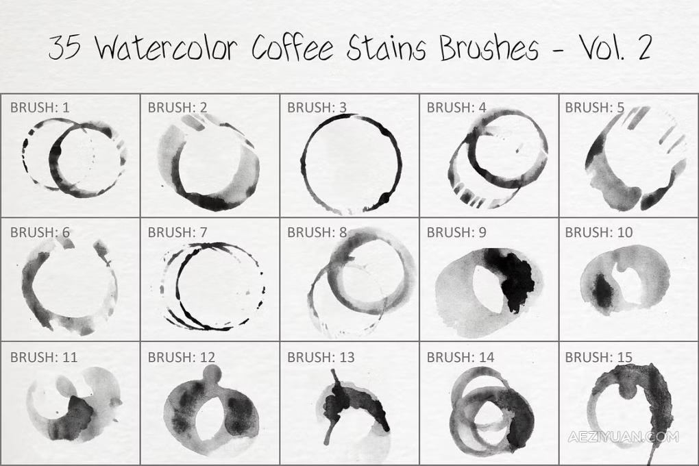 35支水彩艺术画水墨咖啡渍泼洒晕染绘画PS笔刷 35 Watercolor Coffee Stains Brushes 2PS笔刷,咖啡渍,水彩画 - AE资源网 www.aeziyuan.com