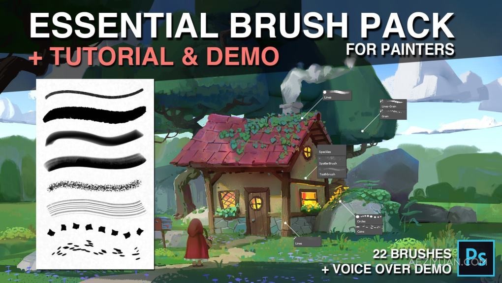 数字卡通CG插画艺术绘画少儿动画风格PS笔刷+视频教程 Artstation – Essential brush pack for painters + Demo &amp; TutorialPS笔刷,卡通CG,数字绘画 - AE资源网 www.aeziyuan.com