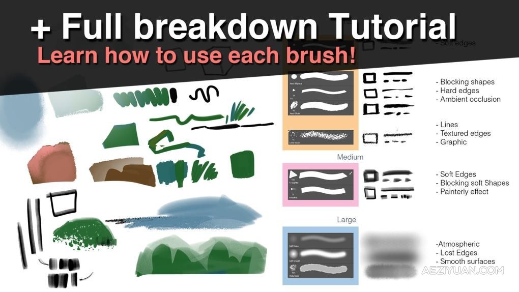 数字卡通CG插画艺术绘画少儿动画风格PS笔刷+视频教程 Artstation – Essential brush pack for painters + Demo &amp; TutorialPS笔刷,卡通CG,数字绘画 - AE资源网 www.aeziyuan.com