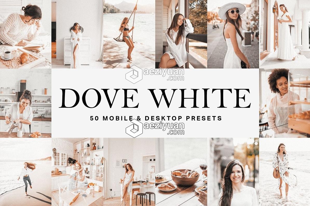 旅拍美食人像胶片LR预设+LUT预设 Dove White Lightroom Presets LUTs美食,人像,胶片,预设,white - AE资源网 www.aeziyuan.com