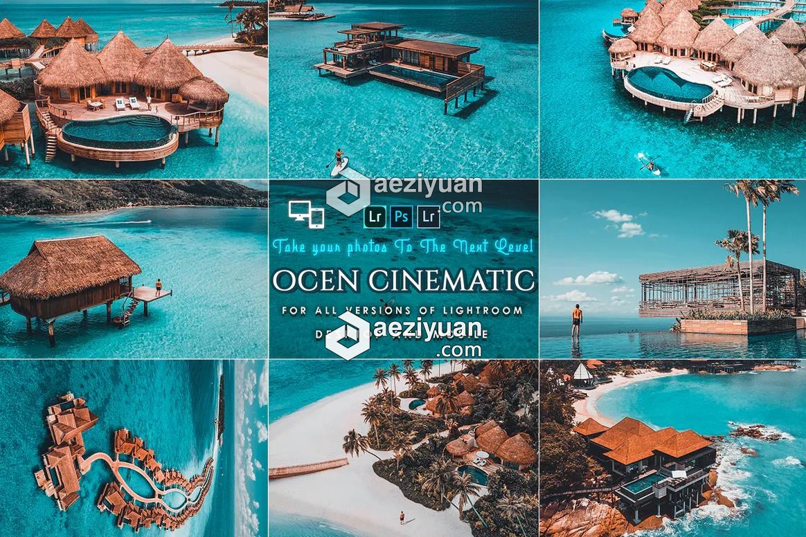 INS风旅拍风光电影蓝色调LR预设/APP预设 Cinematic Ocean Presets风光 - AE资源网 www.aeziyuan.com