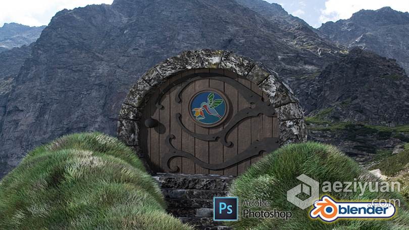 Blender自然山峰幻想场景3D建模视频教程 3D Modelling a Hobbit Door Scene in Blender 2.9 &amp; Adblender,自然,山峰,幻想,场景 - AE资源网 www.aeziyuan.com