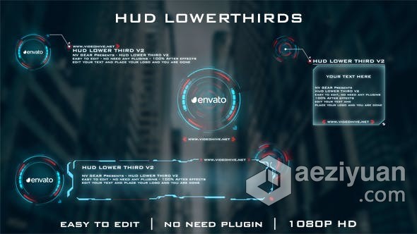 高科技HUD高端指示视频字幕文字标题4种效果 AE模板 AE工程文件 Hud Lowerthirds高端,指示,视频,字幕,文字 - AE资源网 www.aeziyuan.com