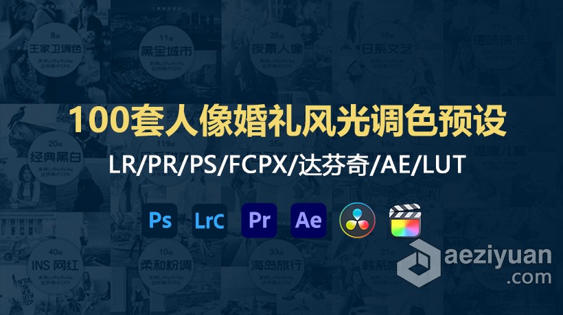 Lr预设100套人像婚礼风光影视后期调色Lightroom预设 支持LR/PR/PS/FCPX/达芬奇/AE/LUT后期调色,预设,人像,婚礼,风光 - AE资源网 www.aeziyuan.com