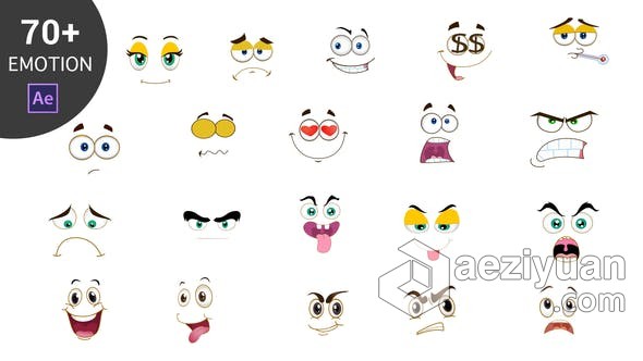 AE模板 70+卡通2D脸表情包动画Cartoon Emoticons AE工程 AE文件ae模板,卡通,表情,动画,cartoon - AE资源网 www.aeziyuan.com