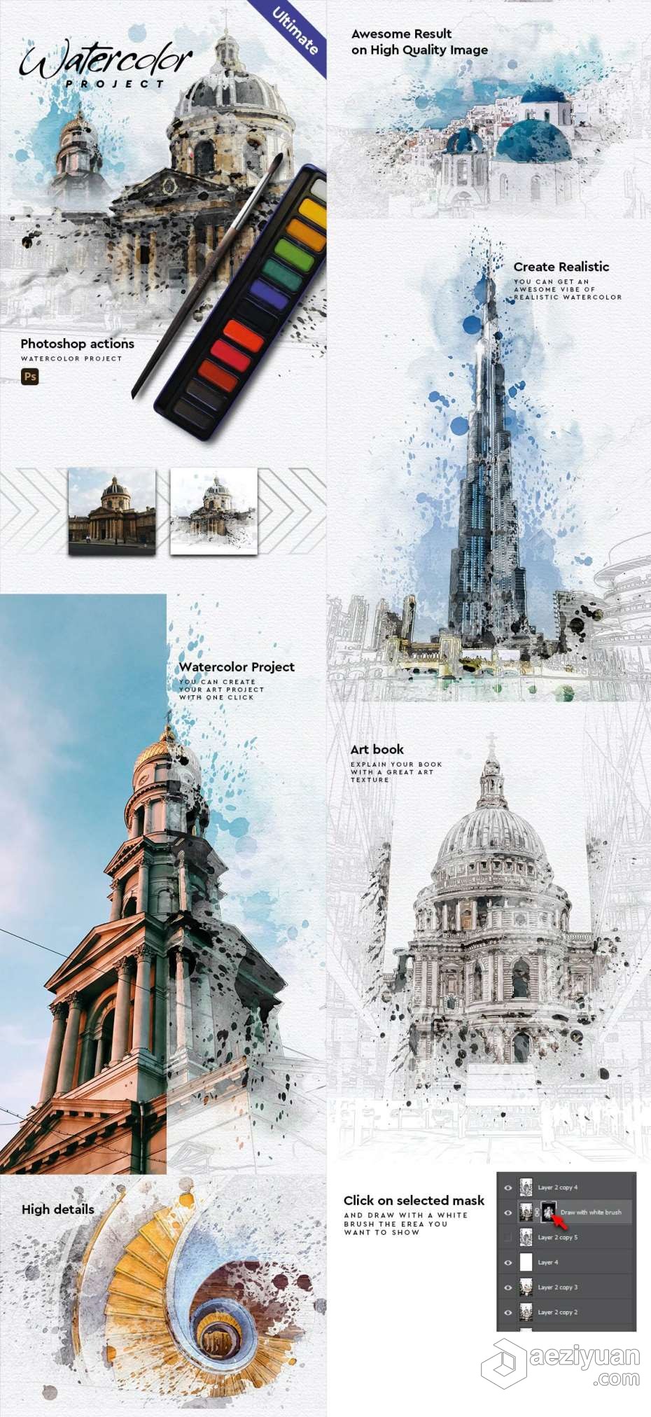 PS动作 水彩画建筑项目PS动作-Watercolor Architecture - Photoshop Action动作,建筑,项目,architecture,photoshop - AE资源网 www.aeziyuan.com