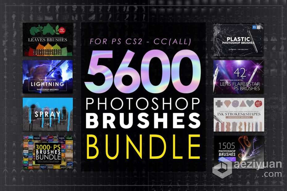 PS笔刷 5673个Photoshop笔刷超级捆绑 Photoshop Brushes Mega Bundle(20GB) - AE资源网 www.aeziyuan.com