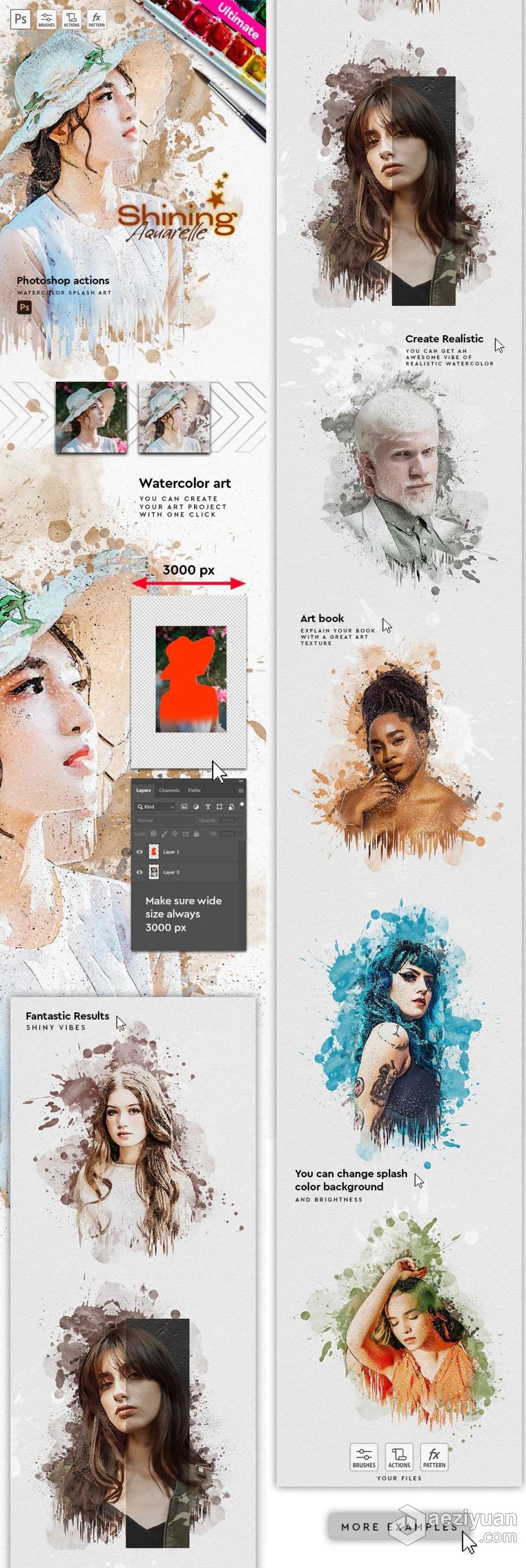 PS动作 闪亮水彩画-水彩艺术Photoshop动作 Watercolor - Photoshop Action - AE资源网 www.aeziyuan.com