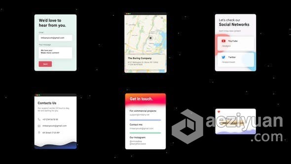 FCPX插件 Contact Information 6组卡片式联系信息图形场景插件,contact,information,卡片,联系 - AE资源网 www.aeziyuan.com