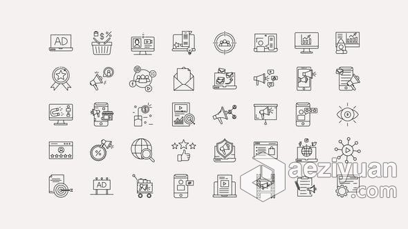 AE模板 40个数字营销线图标SEM互联网技术搜索引擎优化图标动画 AE工程 AE文件图标,互联网,技术,搜索引擎优化,引擎 - AE资源网 www.aeziyuan.com
