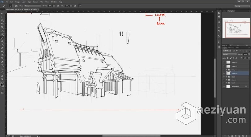 PS教程 PS初学者建筑素描线稿绘制工作流程视频教程建筑,素描,绘制,工作流程,视频教程 - AE资源网 www.aeziyuan.com