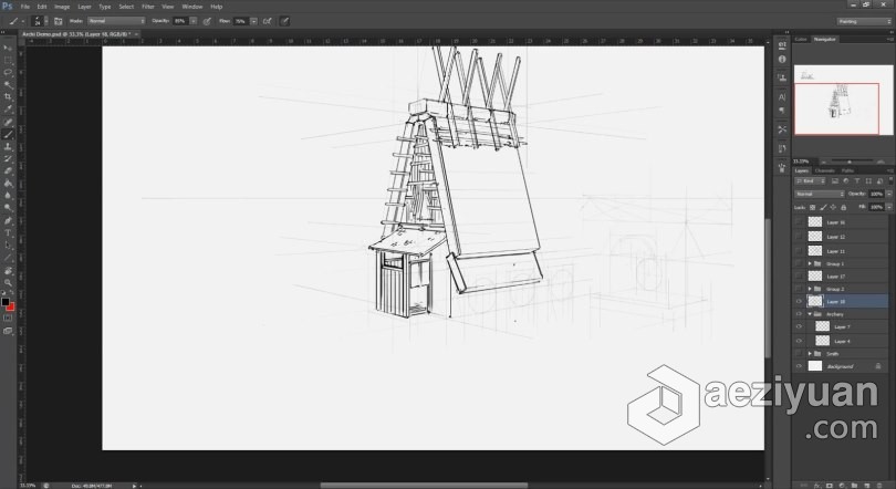 PS教程 PS初学者建筑素描线稿绘制工作流程视频教程建筑,素描,绘制,工作流程,视频教程 - AE资源网 www.aeziyuan.com