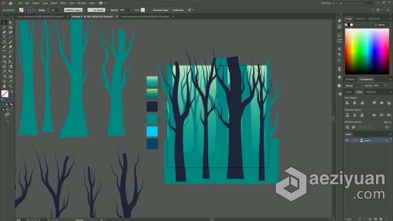 AI教程 Illustrator制作梦幻剪影森林插图视频教程 - AE资源网 www.aeziyuan.com