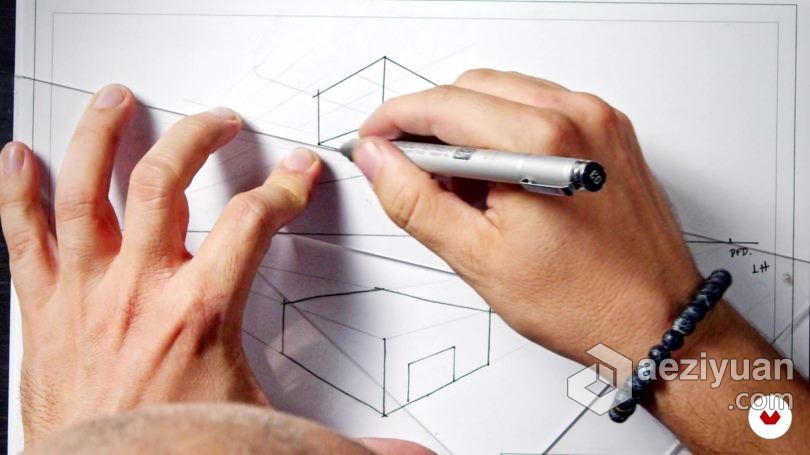 绘画教程 绘制空间感建筑透视到上色插画传统绘画视频教程 - AE资源网 www.aeziyuan.com