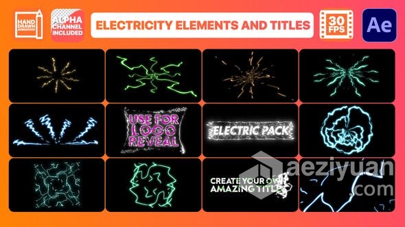 AE脚本预设包-15个卡通能量闪电发光手绘电元素和标题元素动画 FXM预设脚本,预设,卡通,能量,闪电 - AE资源网 www.aeziyuan.com