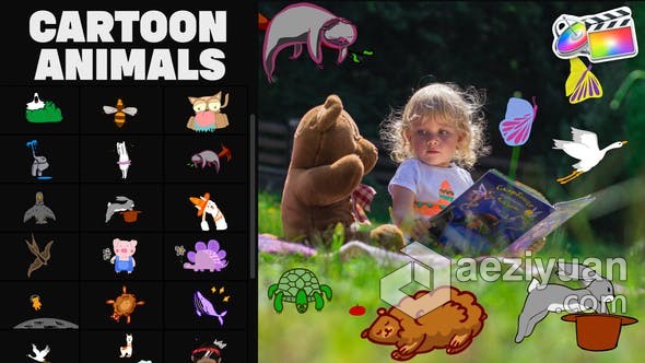 FCPX插件30种手绘卡通动物MG图形动画元素添加到视频中 Cartoon Animals Animations 01 for FCPX插件,手绘,图形,动画,元素 - AE资源网 www.aeziyuan.com