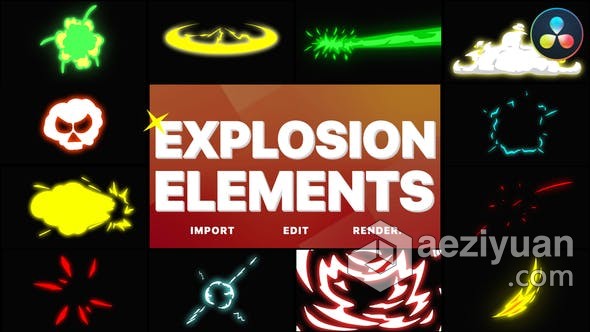 DR达芬奇模板-可编辑发光效果爆炸元素卡通LOGO音乐动作视频叠加 Explosion Elements DaVinci Resolve达芬奇,模板,编辑,效果,爆炸 - AE资源网 www.aeziyuan.com