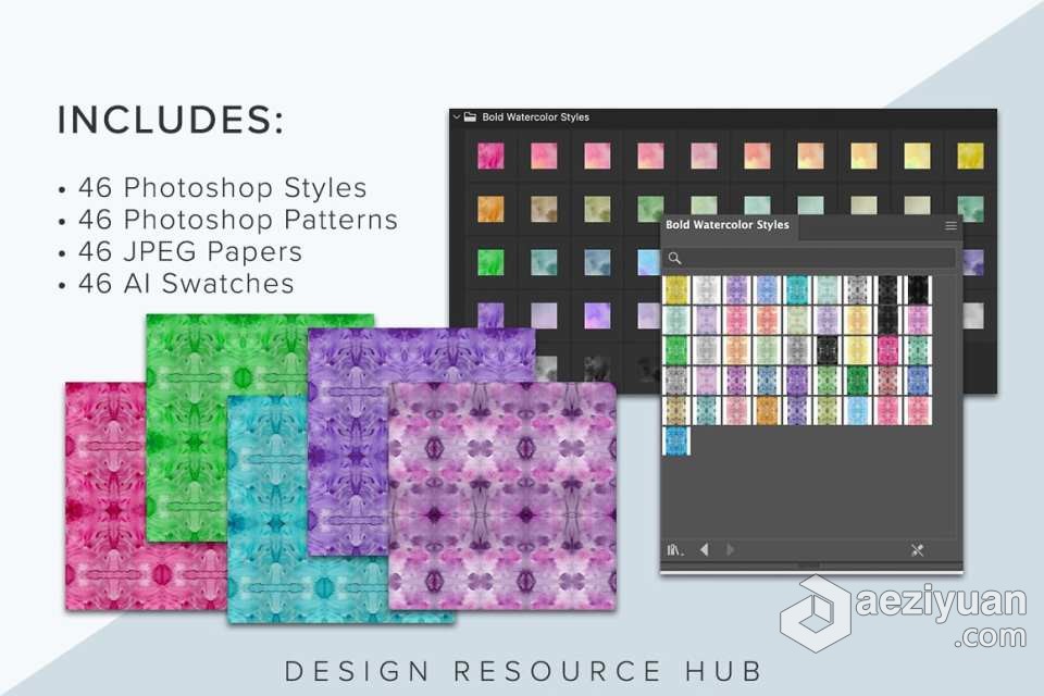 【PS样式】46种水彩画纹理图案文本样式PS样式AI色板 Bold Watercolor PS StylesPS样式,PS样机,Photoshop样式,Photoshop样机,PS Styles - AE资源网 www.aeziyuan.com