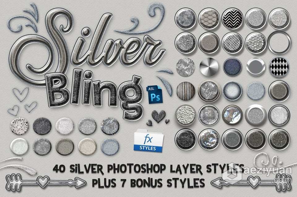 【PS样式】40款高端银质与彩虹星光PS图层样式 Silver Bling Photoshop Layer StylesPS样式,Photoshop样式,Photoshop Effects,Photoshop Styles,PS图层样式 - AE资源网 www.aeziyuan.com