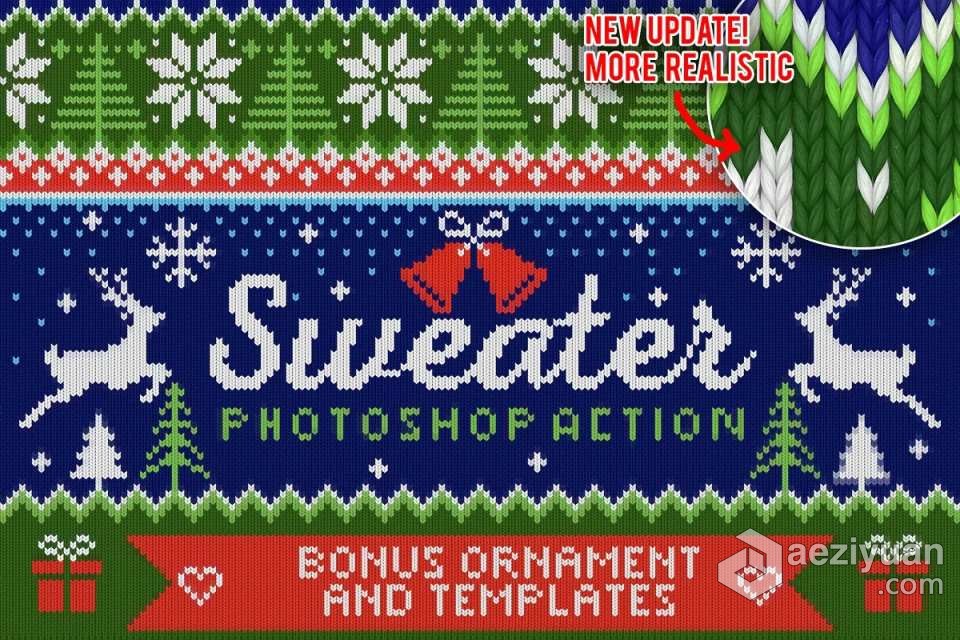 PS动作-圣诞主题毛衣圣诞帽针织纹理生成特效PS动作 Ugly Christmas Sweater Photoshop Act动作,圣诞,主题,毛衣,针织 - AE资源网 www.aeziyuan.com