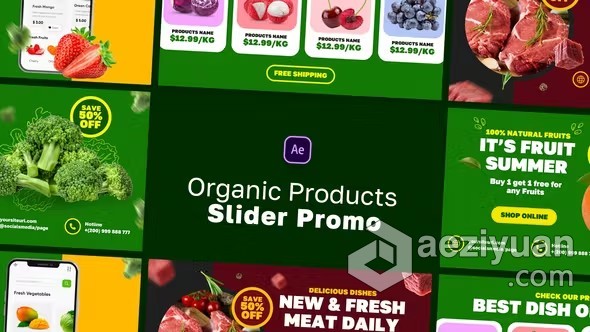 AE模板-鲜果蔬菜促销展示商场超市产品广告视频AE模板下载 Organic Products Slider Promo - AE资源网 www.aeziyuan.com