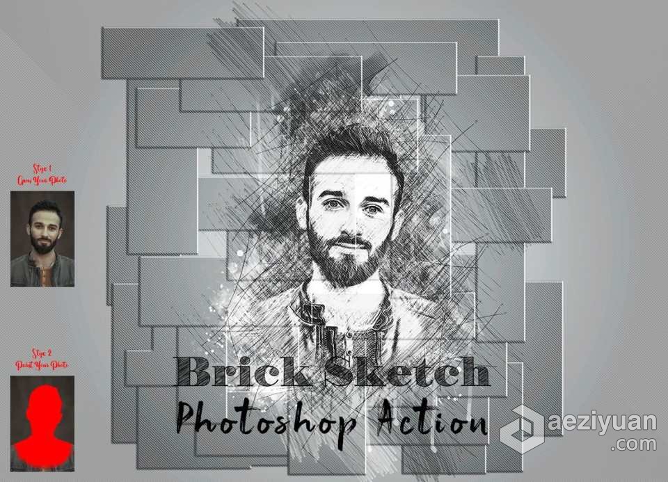 逼真墙面素描绘画Photoshop动作 Brick Sketch Photoshop ActionPS动作,PS素描动作 - AE资源网 www.aeziyuan.com