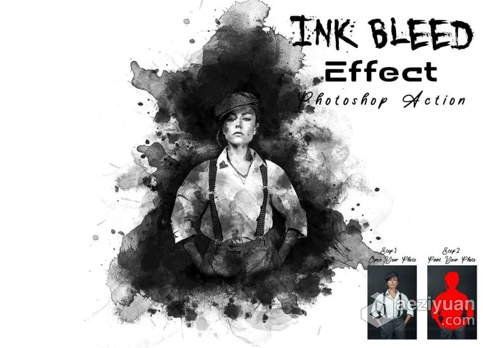 水墨弥漫特效PS动作 Ink Bleed Effect Photoshop Action 附视频教程PS动作,艺术PS动作,水墨PS动作 - AE资源网 www.aeziyuan.com