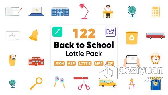 开学主题122个矢量动画彩色Lottie图标学校学习元素AE模板下载 Back to School Lottie ElementsAE模版,图标 - AE资源网 www.aeziyuan.com