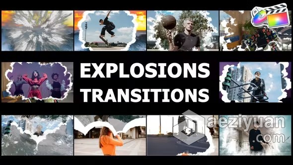 FCPX插件-10组爆炸火焰烟雾波浪扩散转场预设 Realistic Explosions TransitionsFCPX插件,转场过渡 - AE资源网 www.aeziyuan.com