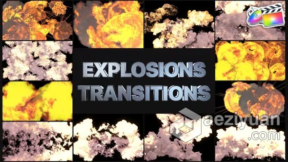 FCPX插件-12种卡通爆炸烟雾特效过渡转场预设 Explosion TransitionsFCPX插件,爆炸烟雾,转场过渡 - AE资源网 www.aeziyuan.com