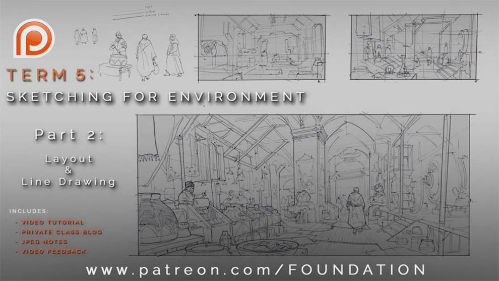 环境场景素描绘画艺术视频教程之 - 布局和线条图 Foundation Patreon - Term 5 - Sketching for Environment - AE资源网 www.aeziyuan.com