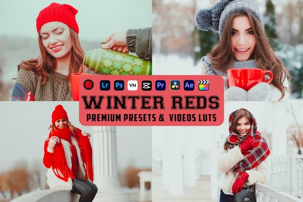 2款温暖明亮冬季摄影人像后期LR调色LUT预设 Winter Reds Luts Video &amp; PresetsLR调色,Lightroom预设,冬季人像 - AE资源网 www.aeziyuan.com