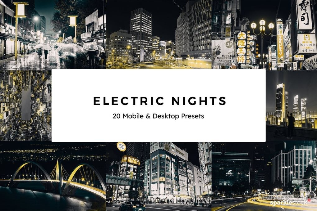 20款城市电流灯光夜景蓝黄色外观摄影调色LR预设LUT预设 20 Electric Nights Lightroom PresetsLR预设,LUT预设,城市夜景,摄影调色,Lightroom预设 - AE资源网 www.aeziyuan.com