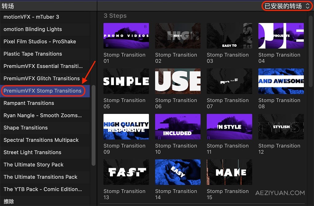 40种活力动感文字标题动画效果转场预设FCPX插件 PremiumVFX – Stomp Transitions活力,动感,文字,标题,动画 - AE资源网 www.aeziyuan.com
