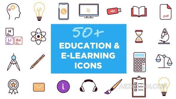 50个手绘卡通教育电子学习动态图标动画FCPX插件 Animated Icons for Education and E-learning手绘,卡通,电子学习,学习,图标 - AE资源网 www.aeziyuan.com