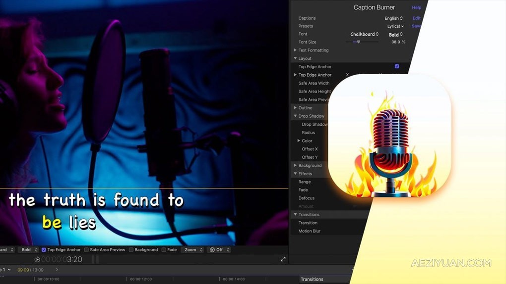 MV音乐歌词字幕加载导入工具FCPX/AE/PR插件 Caption Burner - AE资源网 www.aeziyuan.com
