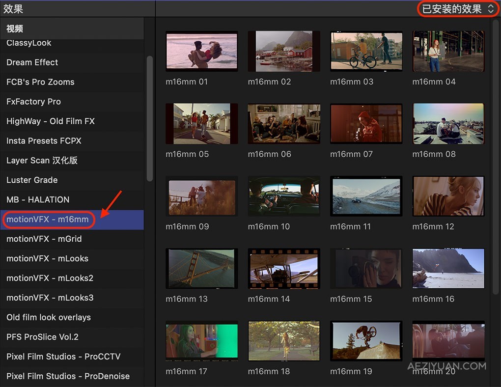 30种复古怀旧电影胶片边框刮痕视觉特效预设FCPX插件 motionVFX – m16mm 汉化版 - AE资源网 www.aeziyuan.com