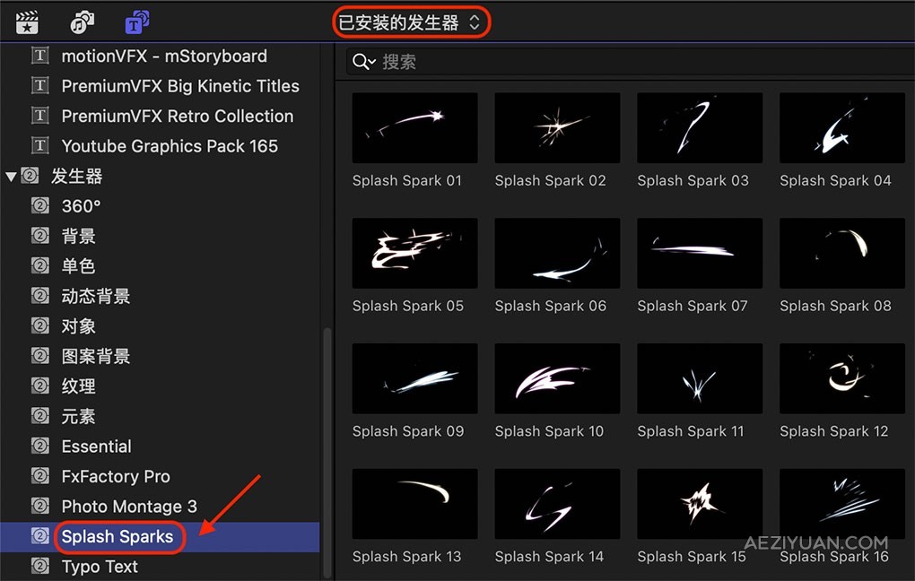 17个二维卡通火花飞溅光线MG动画FCPX插件 Splash Sparks二维,卡通,火花,飞溅,光线 - AE资源网 www.aeziyuan.com