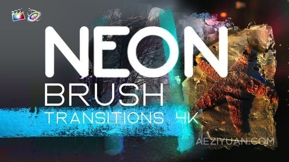 7种时尚彩色笔刷涂鸦划痕故障扰乱转场动画FCPX插件 Neon Brush Transitions 4K时尚,彩色,涂鸦,划痕,故障 - AE资源网 www.aeziyuan.com