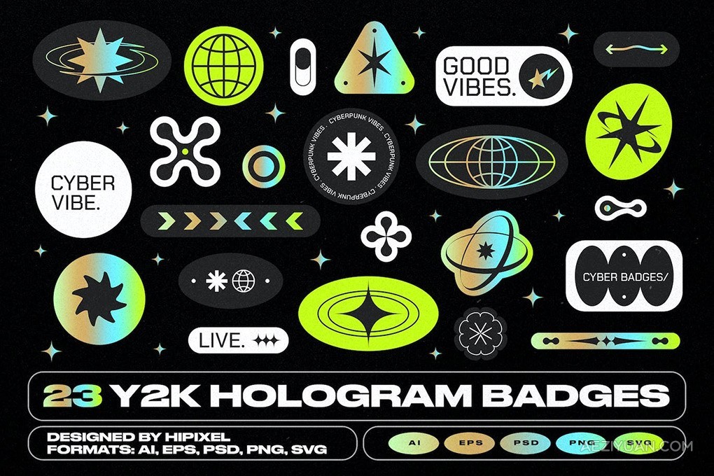 23款趣味复古Y2K全息徽标Logo贴纸图标AI设计矢量素材 Y2K Hologram Badge Stickers全息贴纸,矢量素材 - AE资源网 www.aeziyuan.com