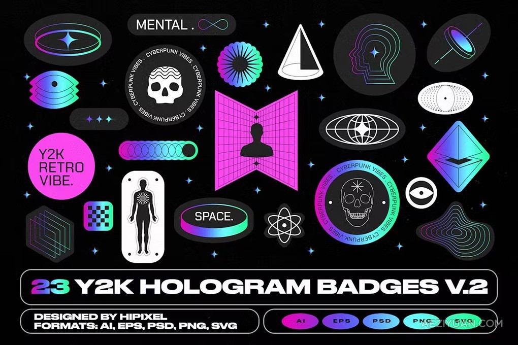 23款趣味复古Y2K全息徽标Logo贴纸图标AI设计矢量素材 Y2K Hologram Badge Stickers v.2全息贴纸,矢量素材 - AE资源网 www.aeziyuan.com