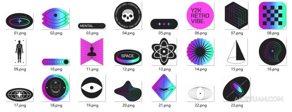 23款趣味复古Y2K全息徽标Logo贴纸图标AI设计矢量素材 Y2K Hologram Badge Stickers v.2全息贴纸,矢量素材 - AE资源网 www.aeziyuan.com