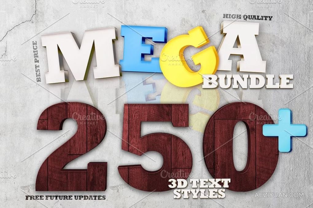 250+逼真3D金银宝石岩石花纹火焰玻璃金属质地纹理PS图层样式 Mega Bundle 250+ 3D Text StylesPS样式,PS图层样式 - AE资源网 www.aeziyuan.com