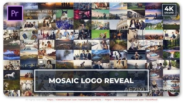 马赛克多屏拼贴视频墙标志介绍照片开场PR模板 Mosaic Photo Logo RevealPR模板,片头 - AE资源网 www.aeziyuan.com