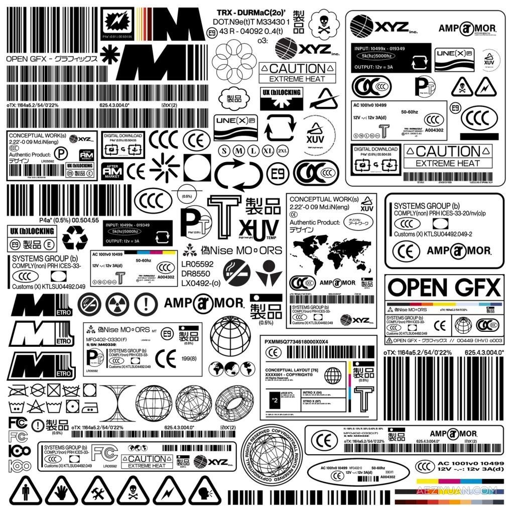 107个工业生产3C质检安全环保防伪物流条码认证标签矢量素材 Hvnter – Label Asset Pack (vol.1)工业标签,矢量素材 - AE资源网 www.aeziyuan.com