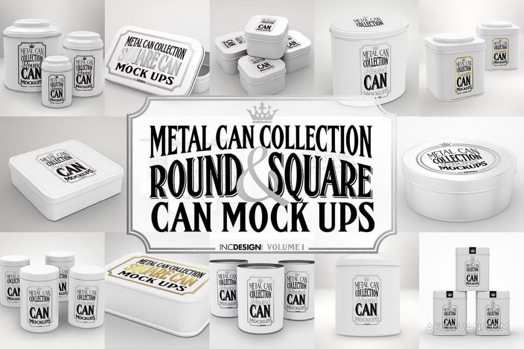 12套锡制容器食品药品罐头礼盒产品设计包装展示PS样机 Vol1. Metal Can Mockup CollectionPS样机,包装设计,罐头盒 - AE资源网 www.aeziyuan.com