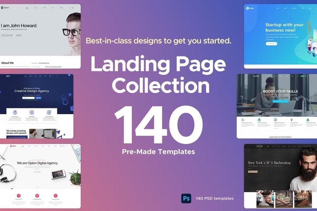 140款预制商务网站单页落地页组件滑块元素版式布局UI界面设计PS模板 Landing Page Collection - AE资源网 www.aeziyuan.com
