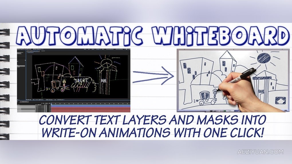 AE自动创建手写描绘动画效果特效AE脚本 Automatic Whiteboard v1.2 + 使用教程自动,创建,手写,描绘,动画 - AE资源网 www.aeziyuan.com