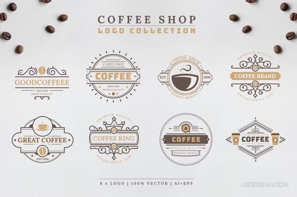 8个咖啡饮品奶茶品牌店面LOGO标志设计AI模板 Coffee Logo Collection - AE资源网 www.aeziyuan.com